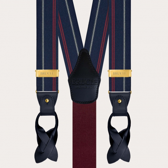 Bretelles homme en soie bleue à rayures avec clips dorés