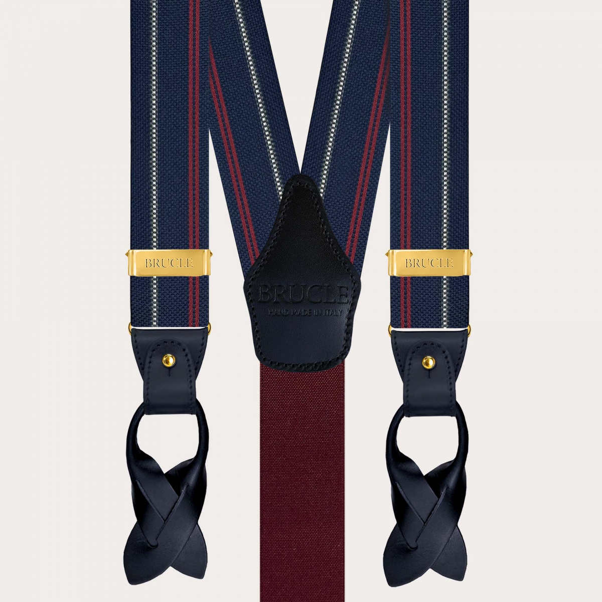 Bretelle uomo in seta blu a righe con clip oro