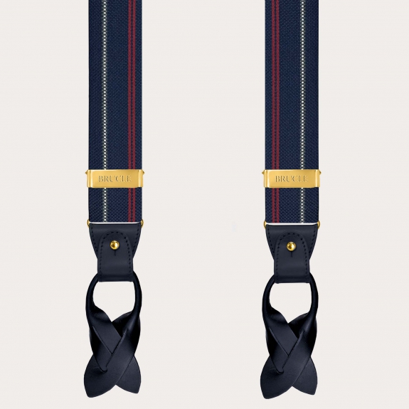 Men’s blue striped silk suspenders with gold clips
