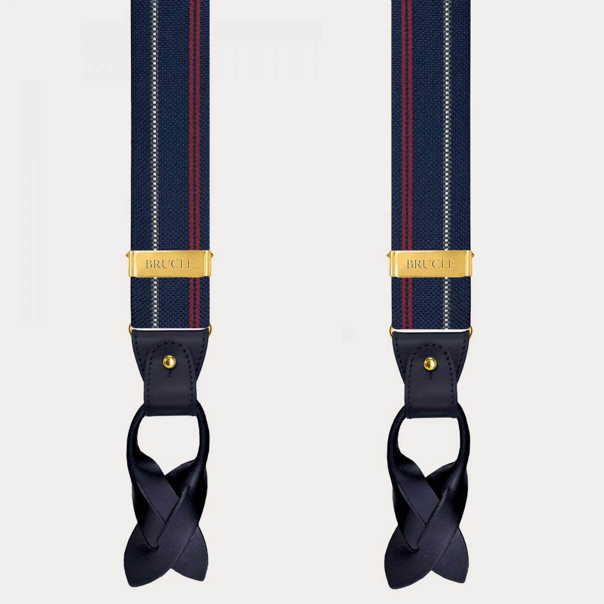 Men’s blue striped silk suspenders with gold clips