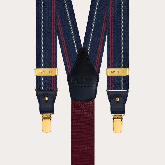 Bretelle uomo in seta blu a righe con clip oro