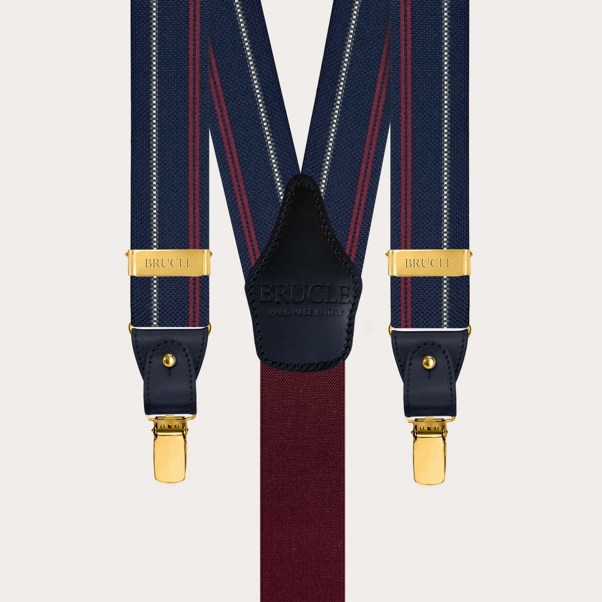 Bretelle uomo in seta blu a righe con clip oro