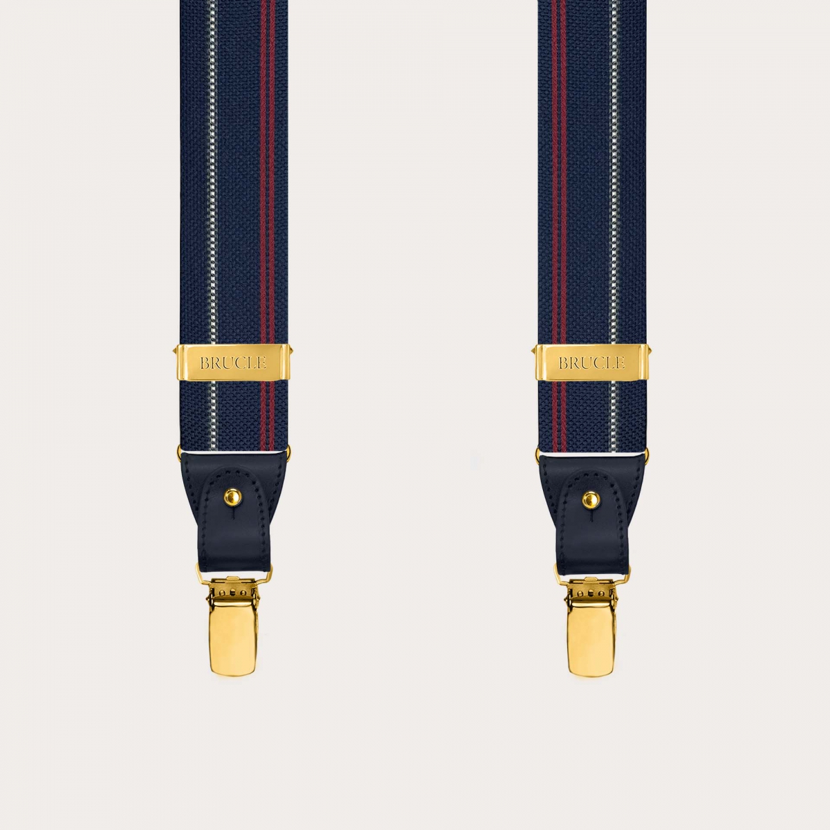 Men’s blue striped silk suspenders with gold clips
