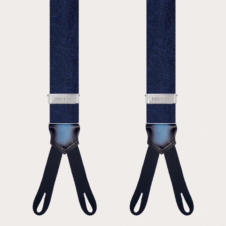 Bretelles homme en soie bleu marine avec motif paisley ton sur ton et pattes pour boutons