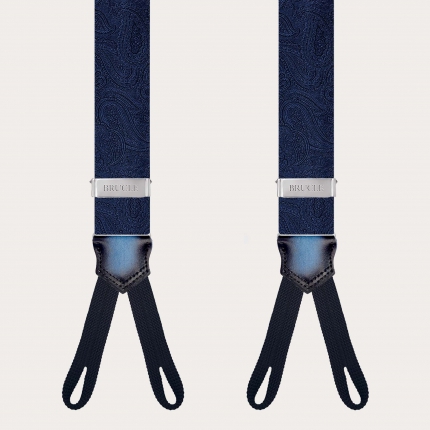 Men’s navy blue silk suspenders with paisley tone-on-tone buttonholes