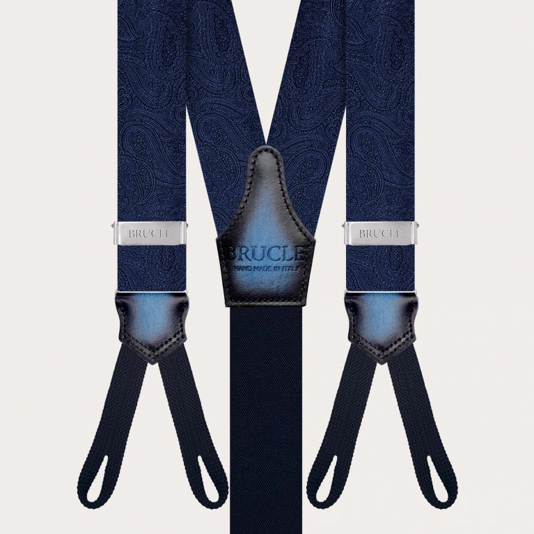 Bretelles homme en soie bleu marine avec motif paisley ton sur ton et pattes pour boutons