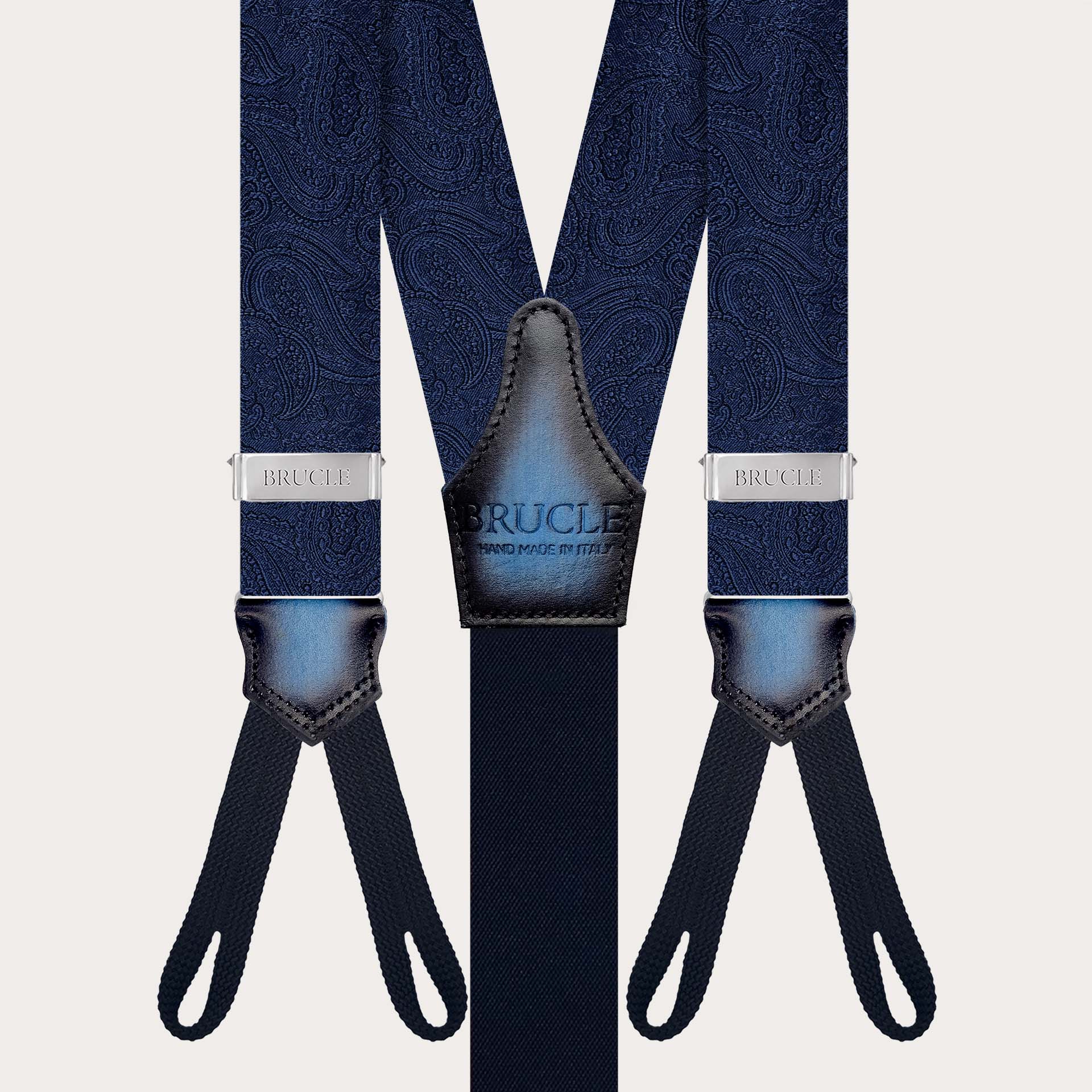 Men’s navy blue silk suspenders with paisley tone-on-tone buttonholes
