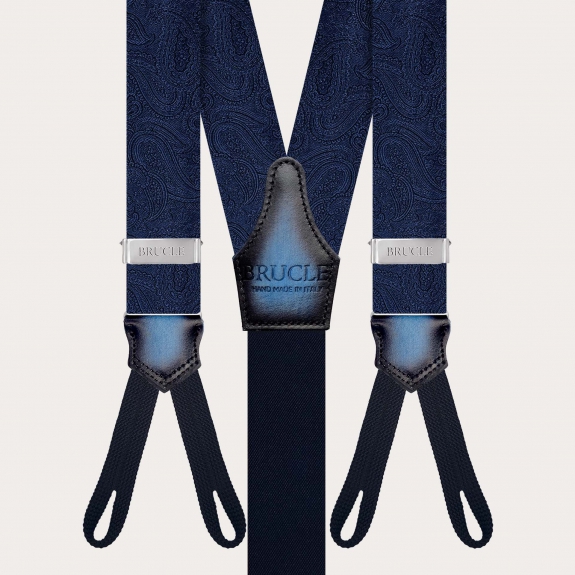 Bretelles homme en soie bleu marine avec motif paisley ton sur ton et pattes pour boutons