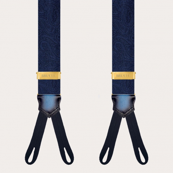 Eleganti bretelle oro paisley blu tono su tono per bottoni