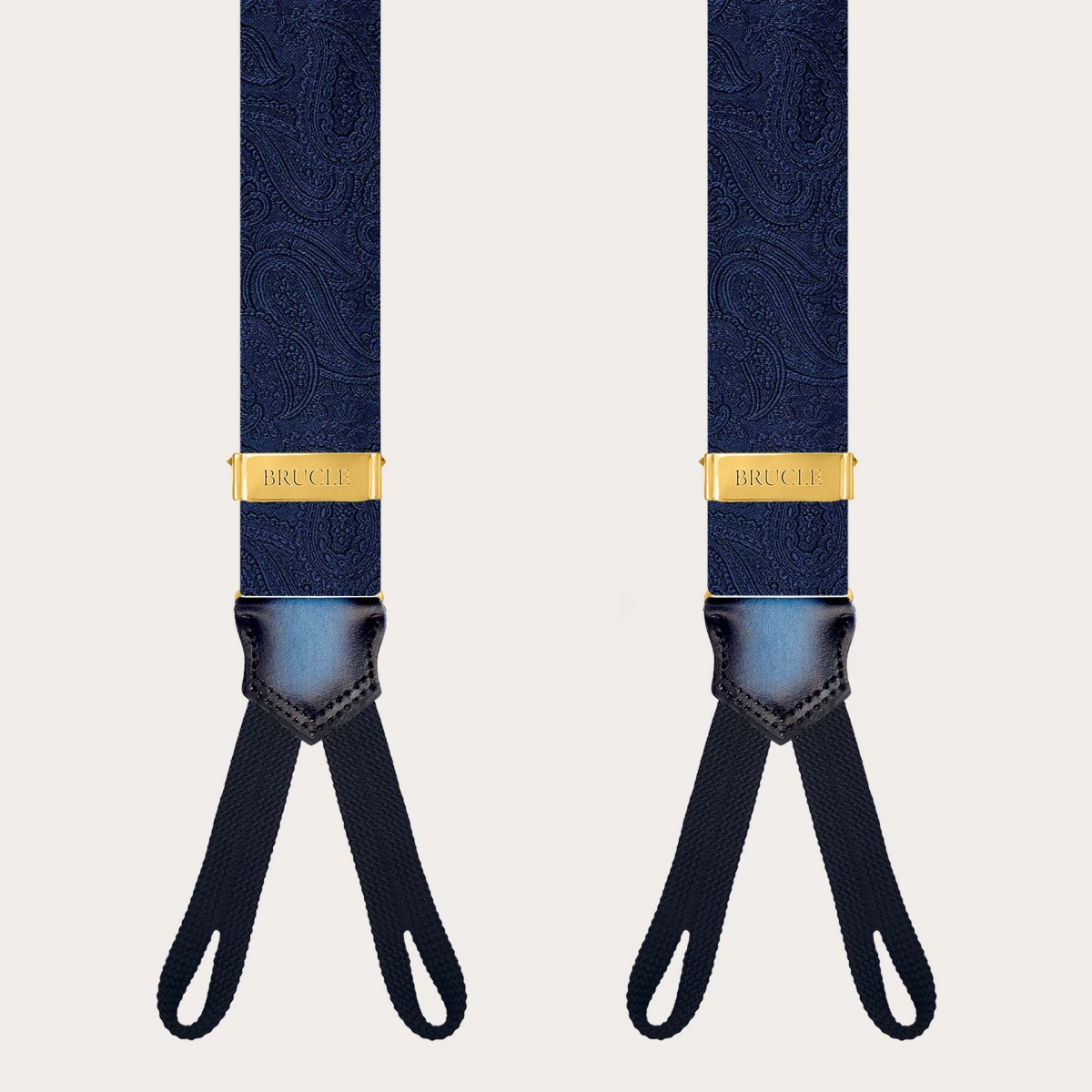 Eleganti bretelle oro paisley blu tono su tono per bottoni
