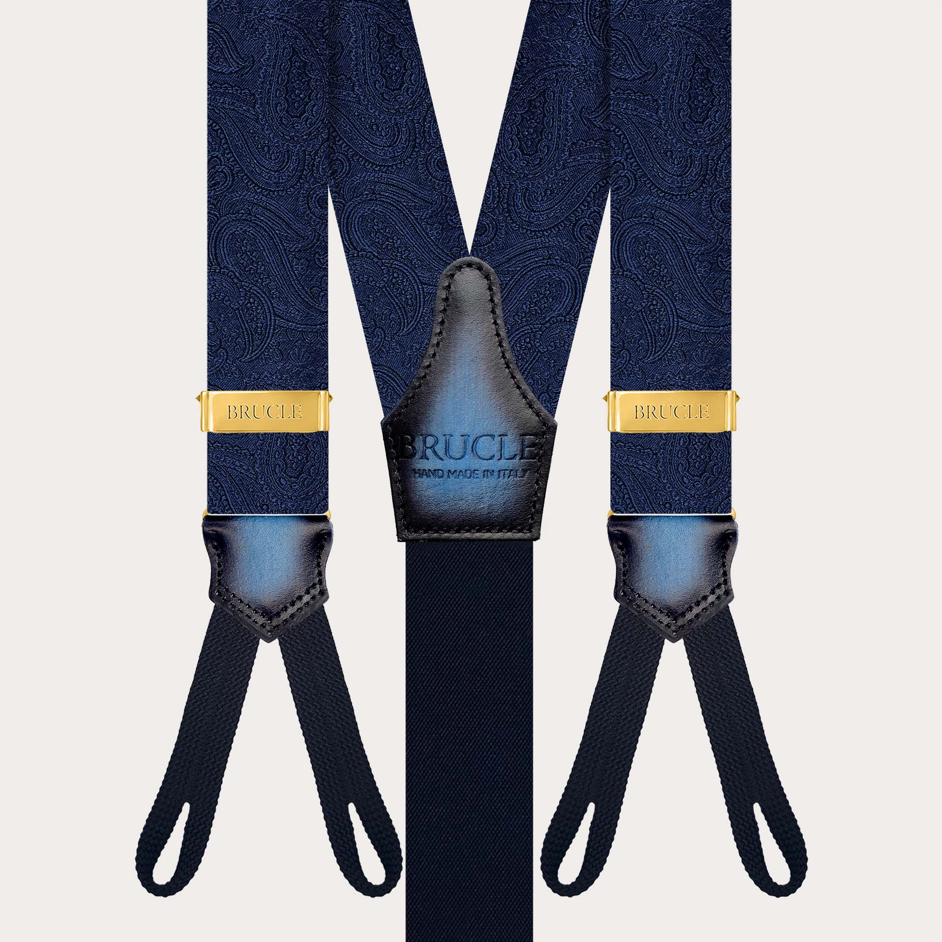 Eleganti bretelle oro paisley blu tono su tono per bottoni