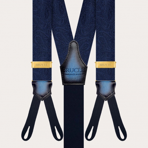 Eleganti bretelle oro paisley blu tono su tono per bottoni