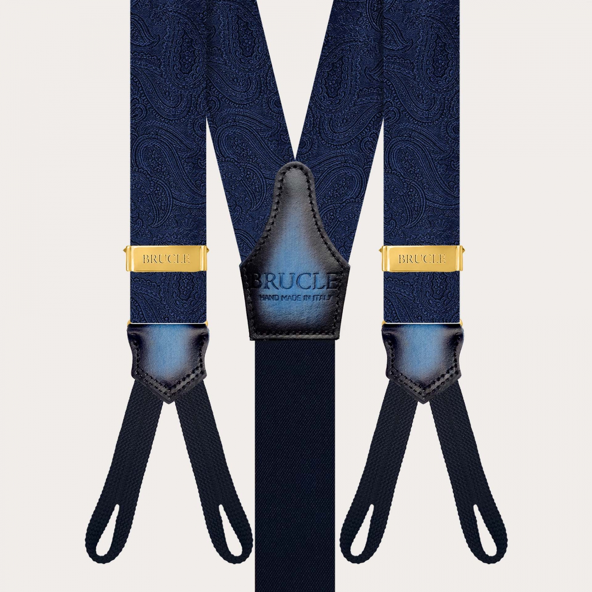 Eleganti bretelle oro paisley blu tono su tono per bottoni