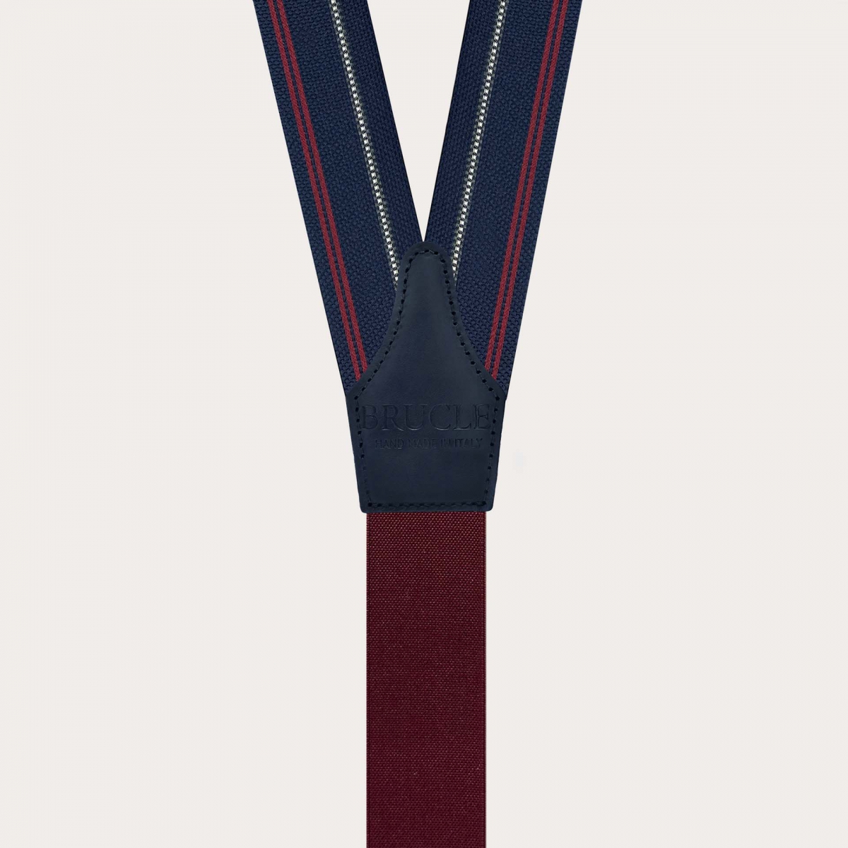 Tirantes de seda azul a rayas con ojales y piezas metálicas doradas