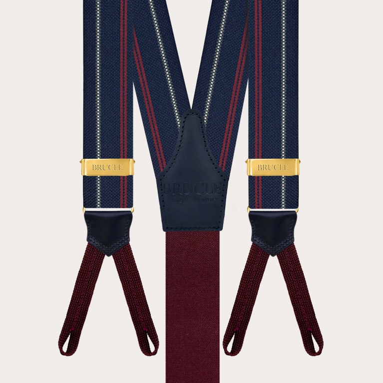 Blue striped silk suspenders with button loops and gold metal parts