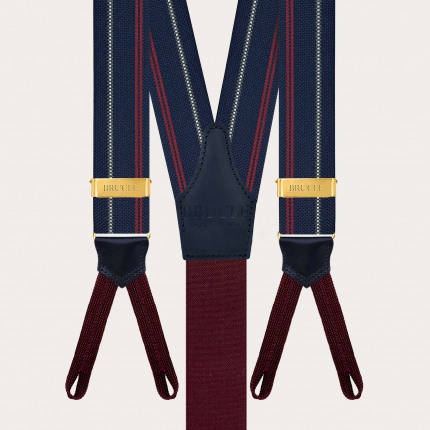 Blue striped silk suspenders with button loops and gold metal parts