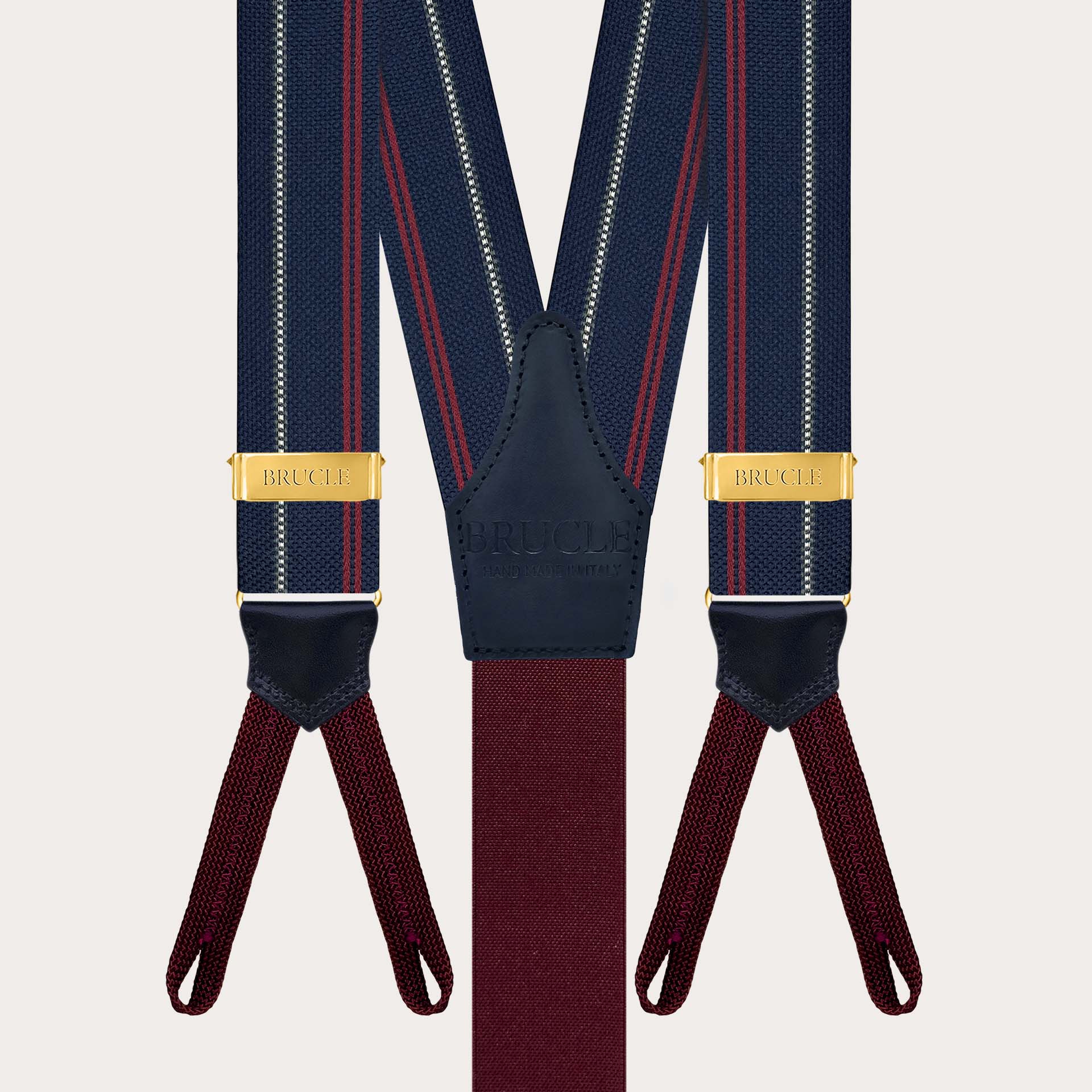 Blue striped silk suspenders with button loops and gold metal parts
