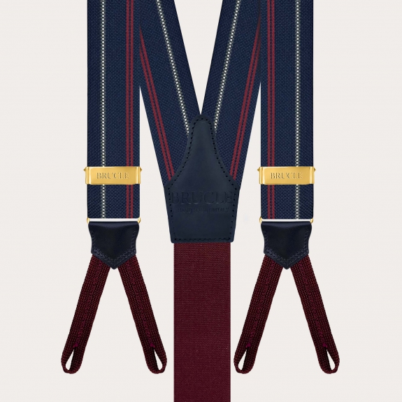 Blue striped silk suspenders with button loops and gold metal parts