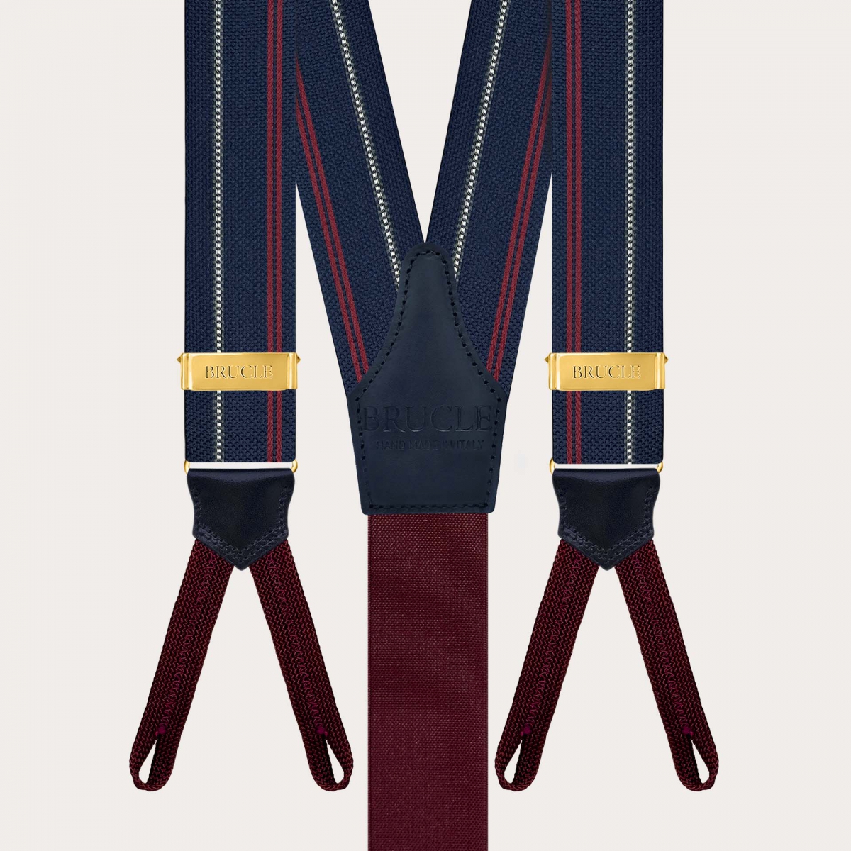 Blue striped silk suspenders with button loops and gold metal parts