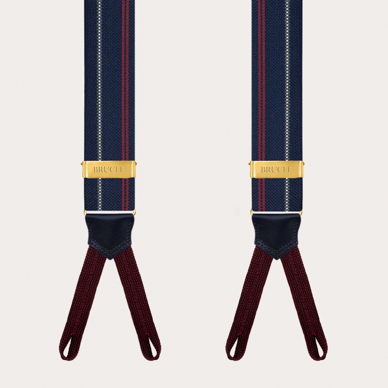 Blue striped silk suspenders with button loops and gold metal parts