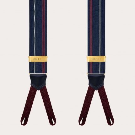 Blue striped silk suspenders with button loops and gold metal parts