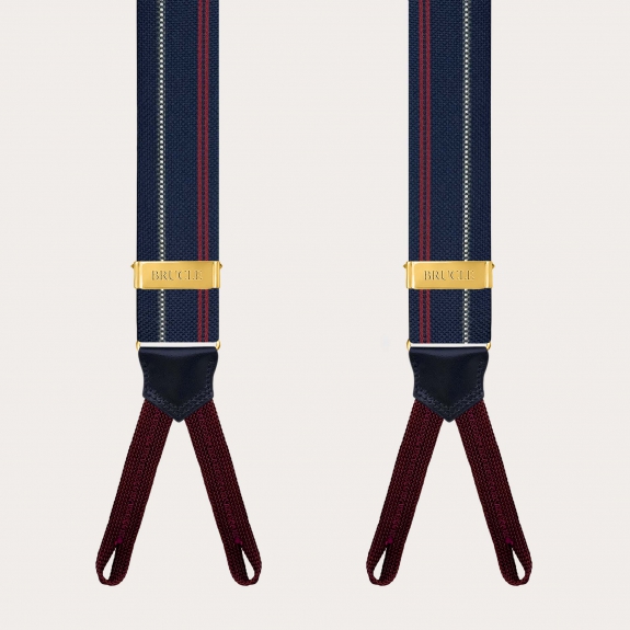 Blue striped silk suspenders with button loops and gold metal parts