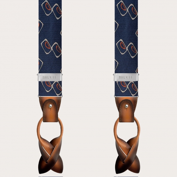 Tirantes hombre en seda jacquard con estampado geométrico azul y naranja