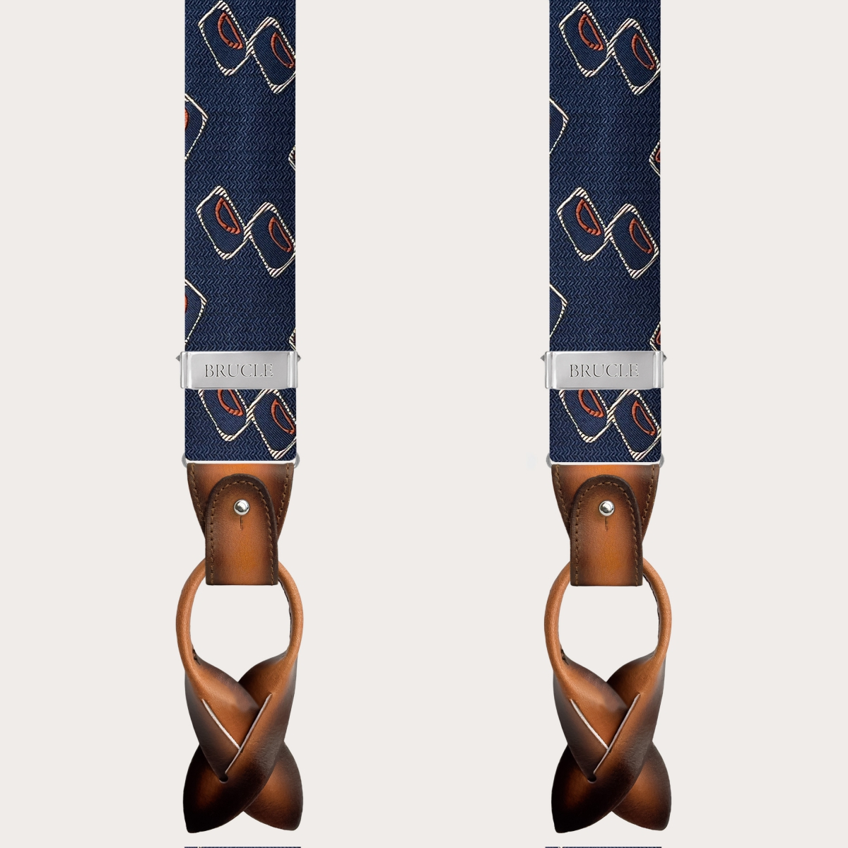 Bretelle uomo in seta jacquard fantasia geometrica blu e arancione