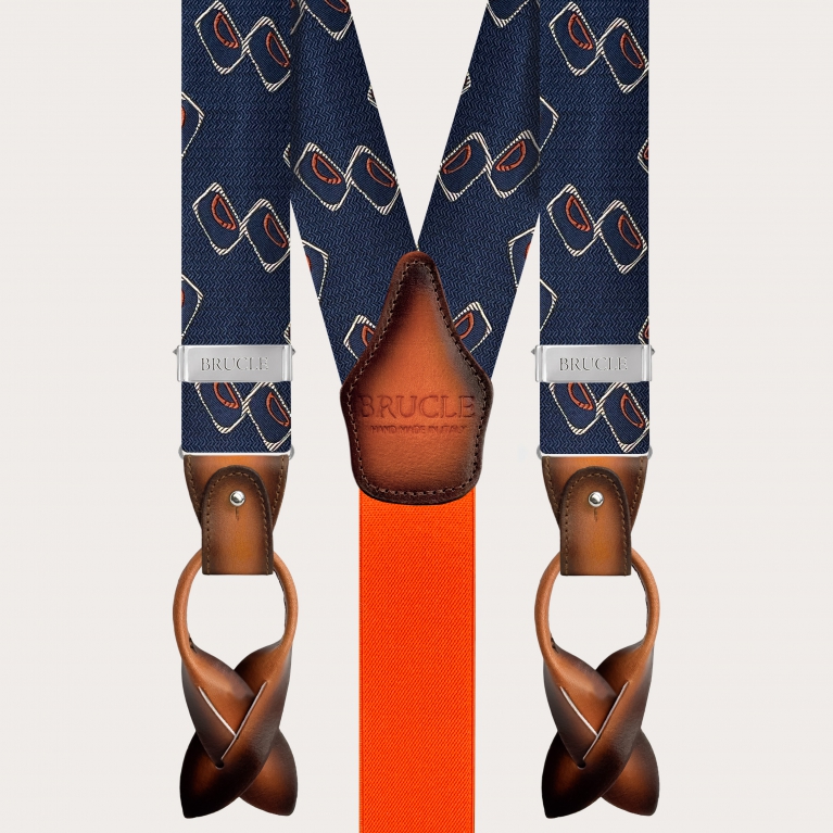 Bretelle uomo in seta jacquard fantasia geometrica blu e arancione