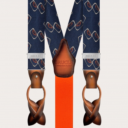 Herren Hosenträger aus Jacquard-Seide mit geometrischem Muster in Blau und Orange