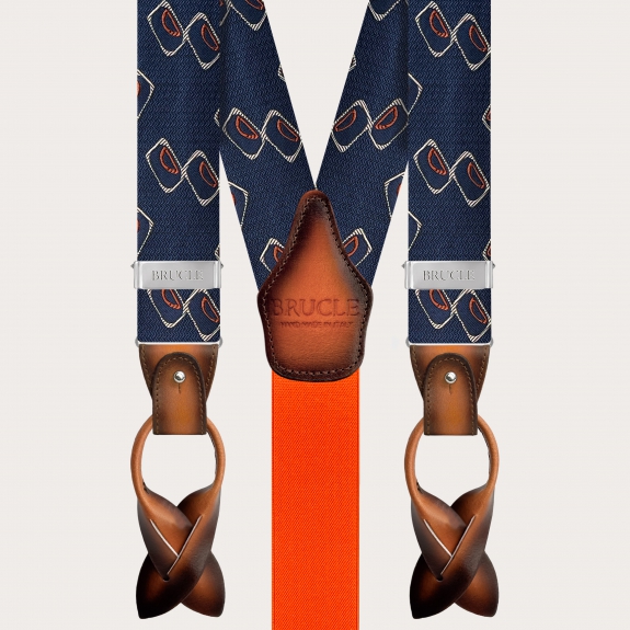 Tirantes hombre en seda jacquard con estampado geométrico azul y naranja