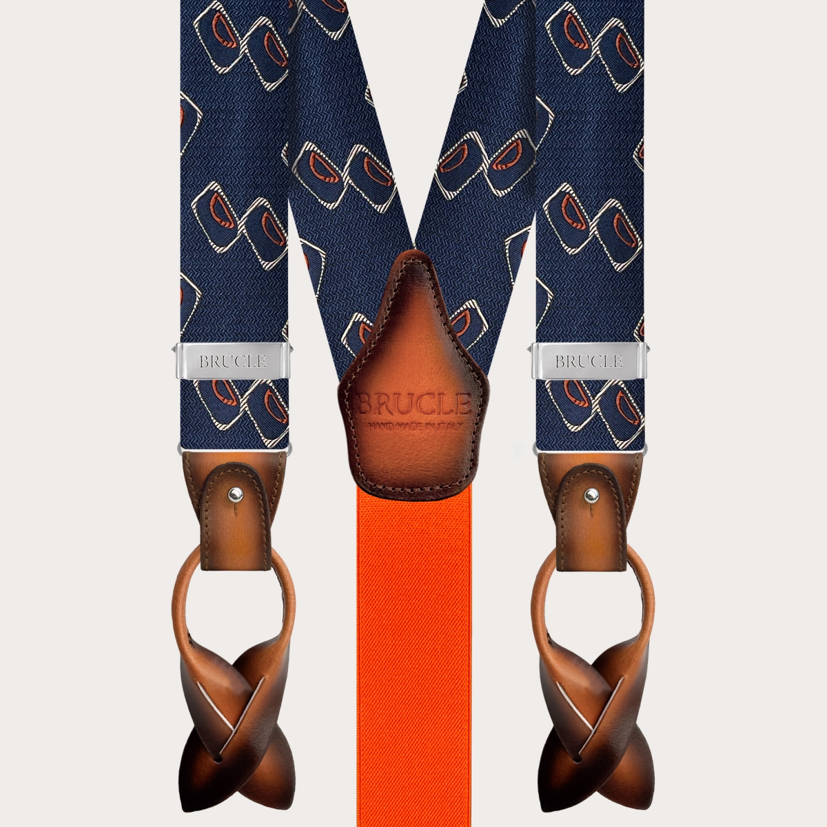 Bretelles homme en soie jacquard à motif géométrique bleu et orange