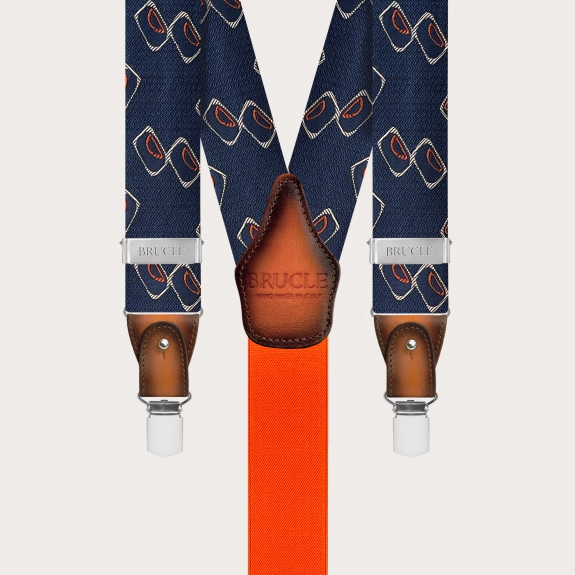 Men’s jacquard silk suspenders with blue and orange geometric pattern