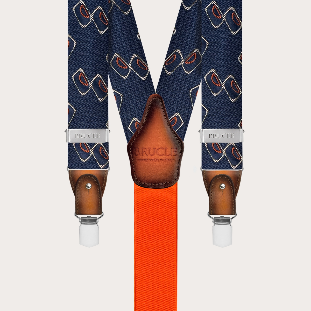 Bretelles homme en soie jacquard à motif géométrique bleu et orange