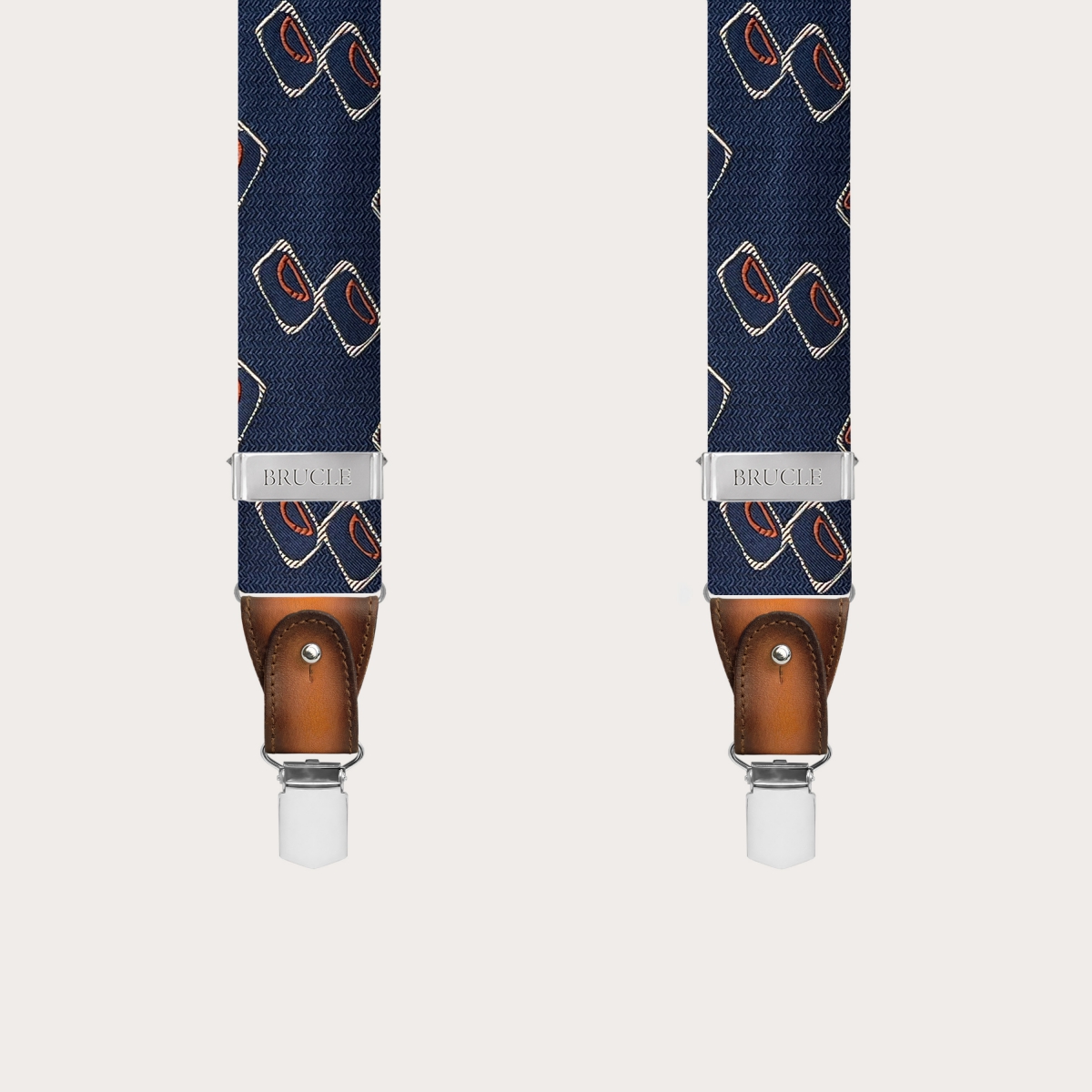 Tirantes hombre en seda jacquard con estampado geométrico azul y naranja