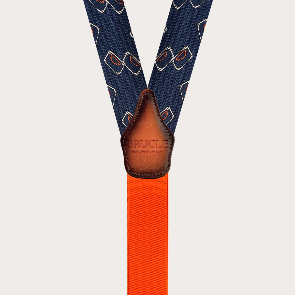 Bretelle uomo in seta jacquard fantasia geometrica blu e arancione