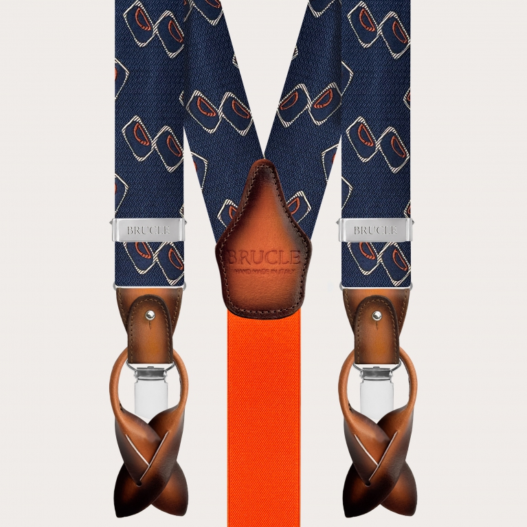 Bretelle uomo in seta jacquard fantasia geometrica blu e arancione