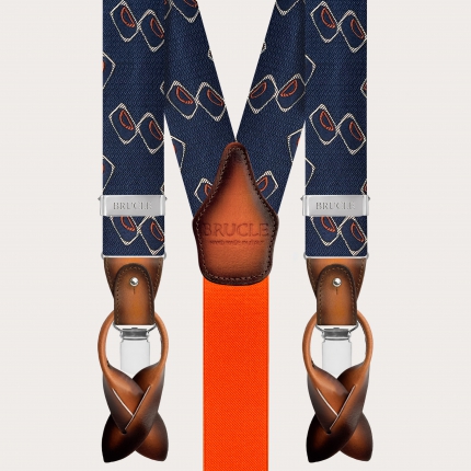 Bretelles homme en soie jacquard à motif géométrique bleu et orange