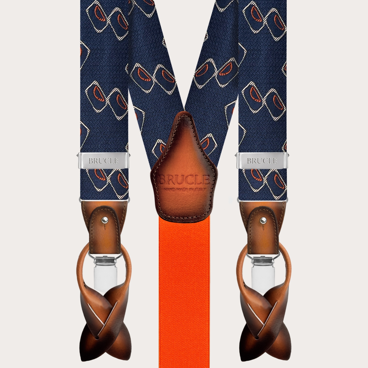 Bretelles homme en soie jacquard à motif géométrique bleu et orange