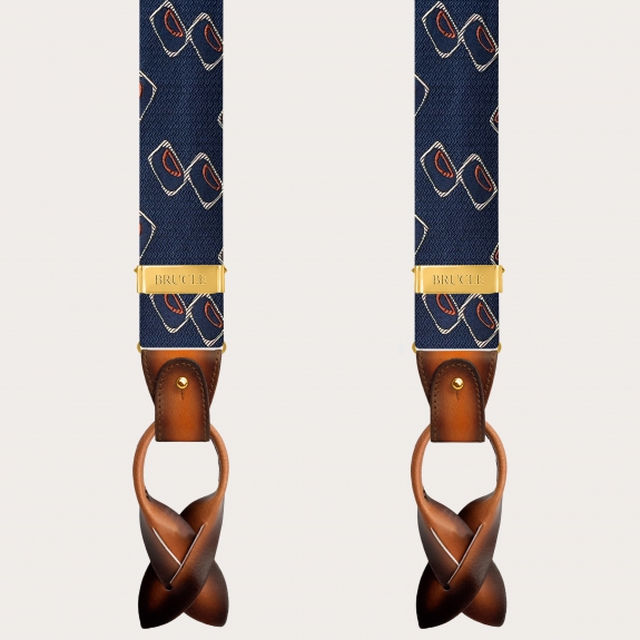 Tirantes de hombre en seda con estampado geométrico azul y naranja y clips dorados