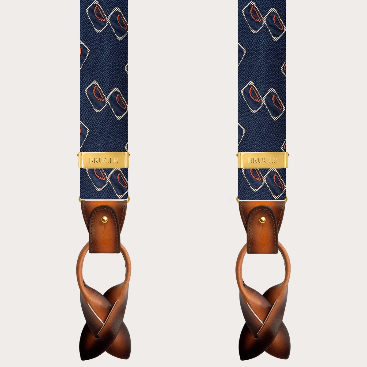 Bretelle in seta fantasia geometrica blu e arancione con clip oro