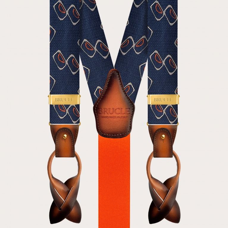 Herren Hosenträger aus Seide mit blau-orange geometrischem Muster und goldenen Clips
