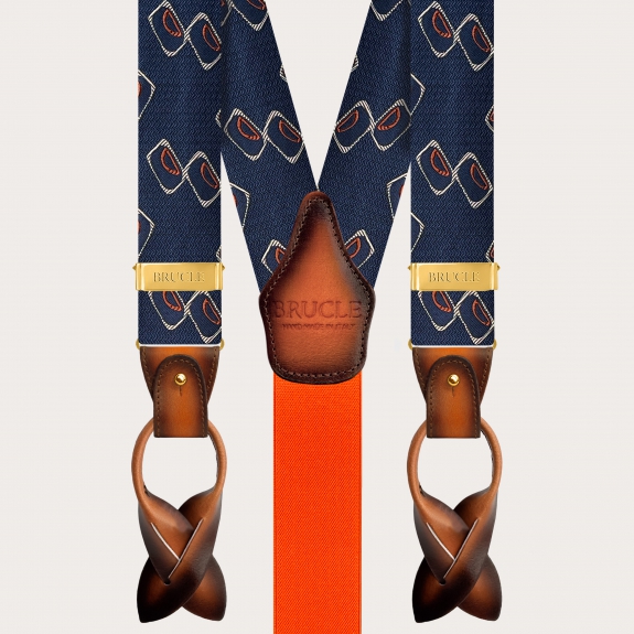 Men’s silk suspenders with blue and orange geometric pattern and gold clips