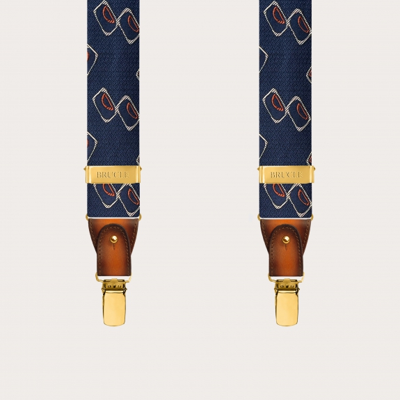Men’s silk suspenders with blue and orange geometric pattern and gold clips