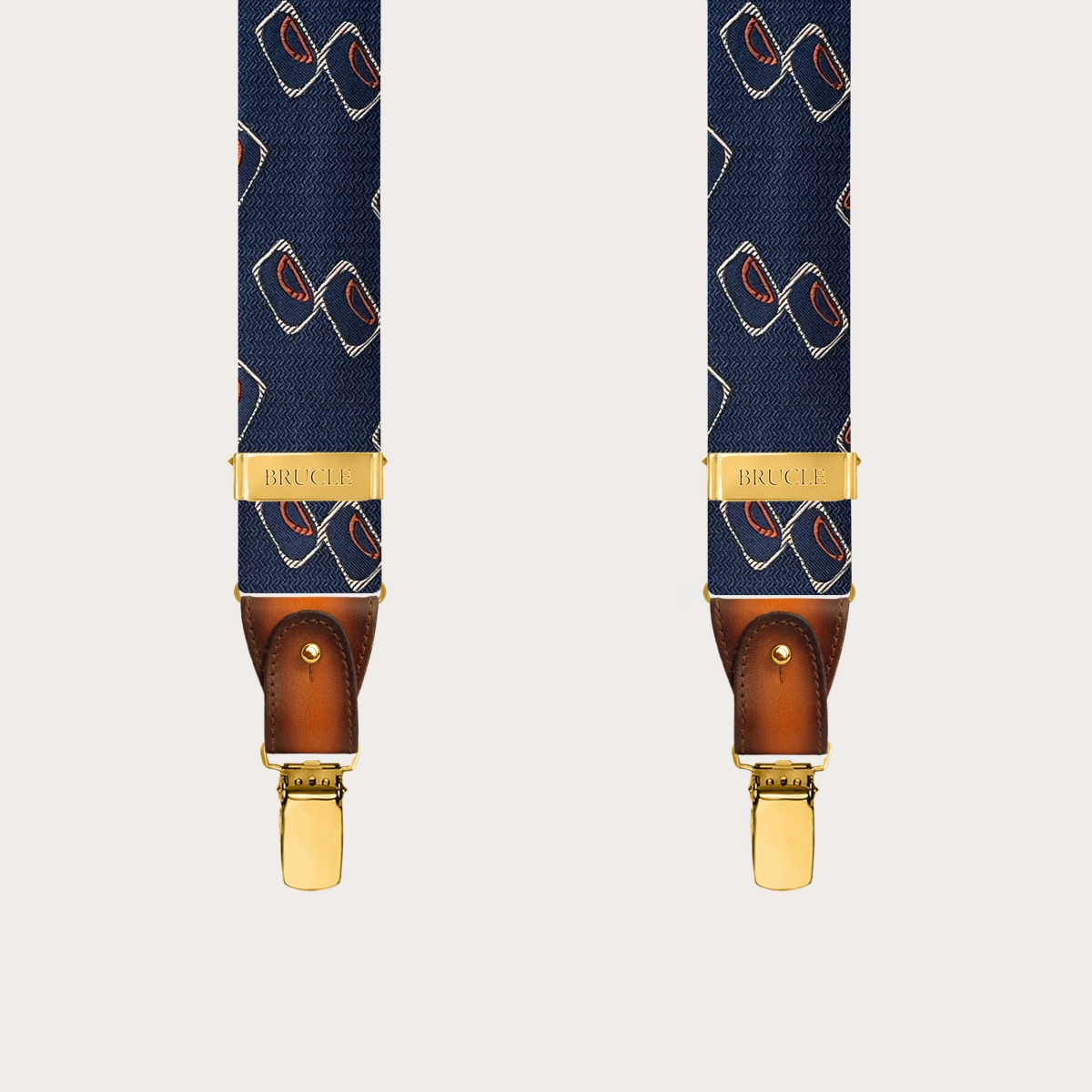 Herren Hosenträger aus Seide mit blau-orange geometrischem Muster und goldenen Clips