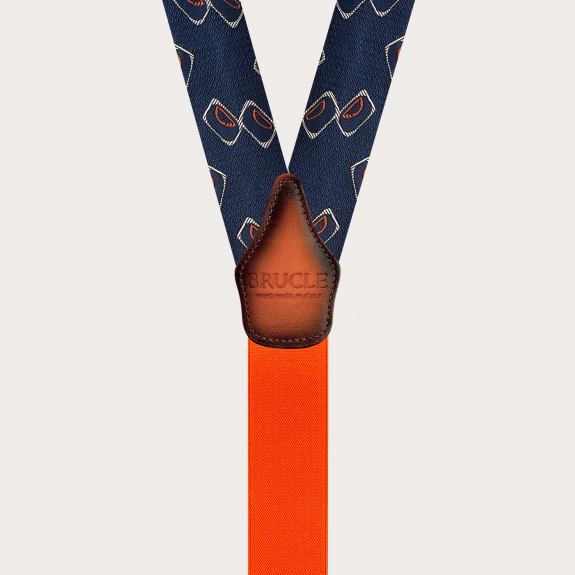 Herren Hosenträger aus Seide mit blau-orange geometrischem Muster und goldenen Clips