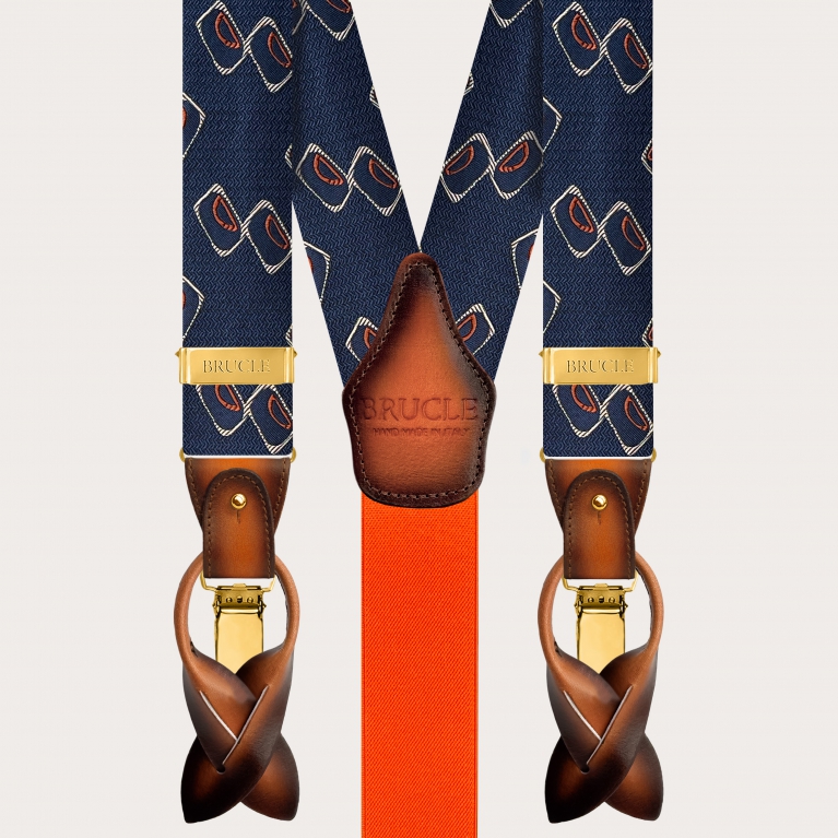 Herren Hosenträger aus Seide mit blau-orange geometrischem Muster und goldenen Clips