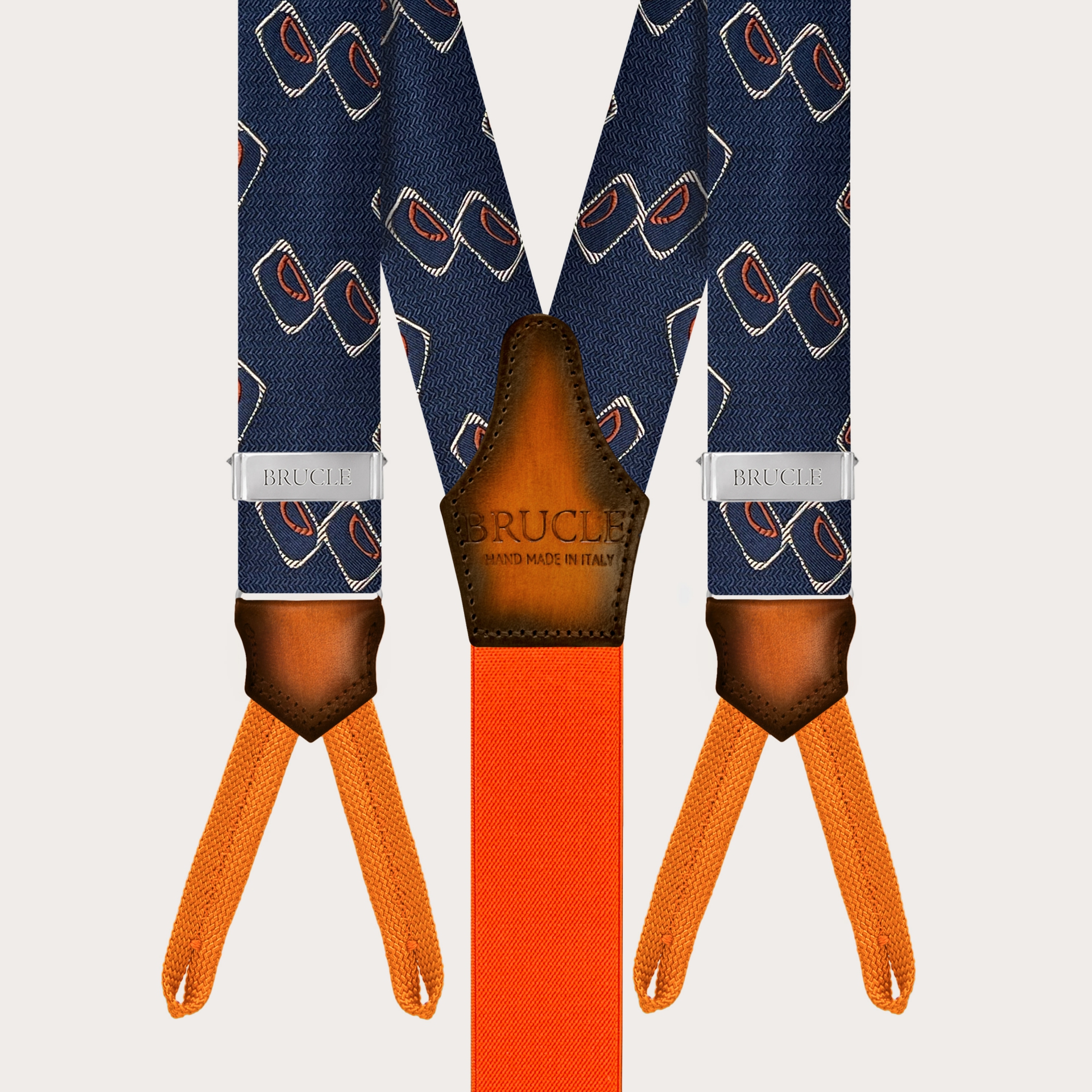 Bretelle per bottoni blu e arancioni fantasia geometrica