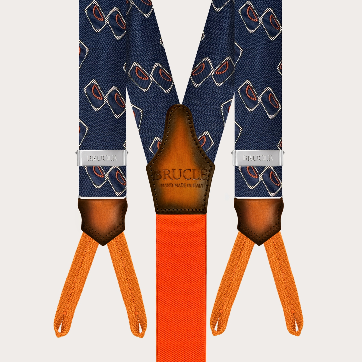 Blue and orange geometric suspenders for buttons
