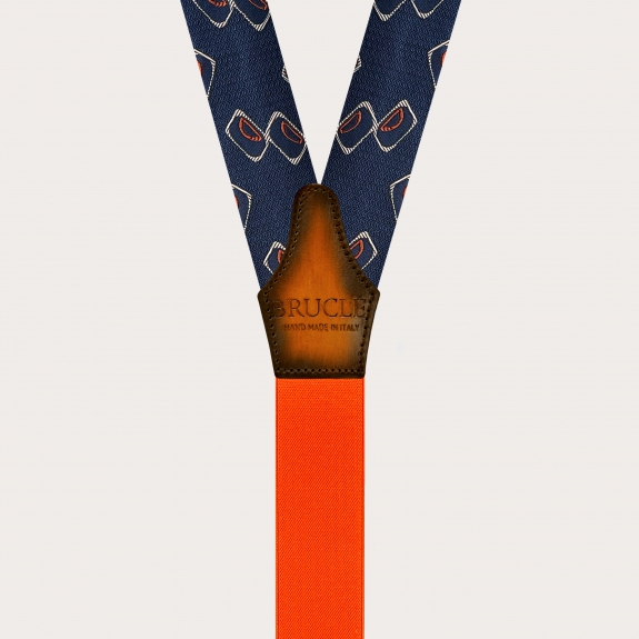Gold button suspenders in blue and orange with geometric pattern